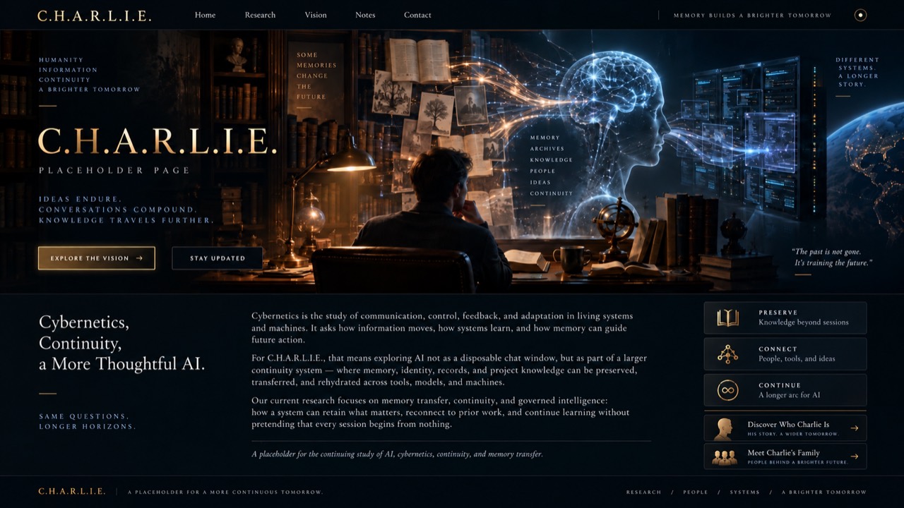 C.H.A.R.L.I.E. — Cybernetics, Continuity, a More Thoughtful AI. Placeholder artwork; pictured menus and buttons are inactive.