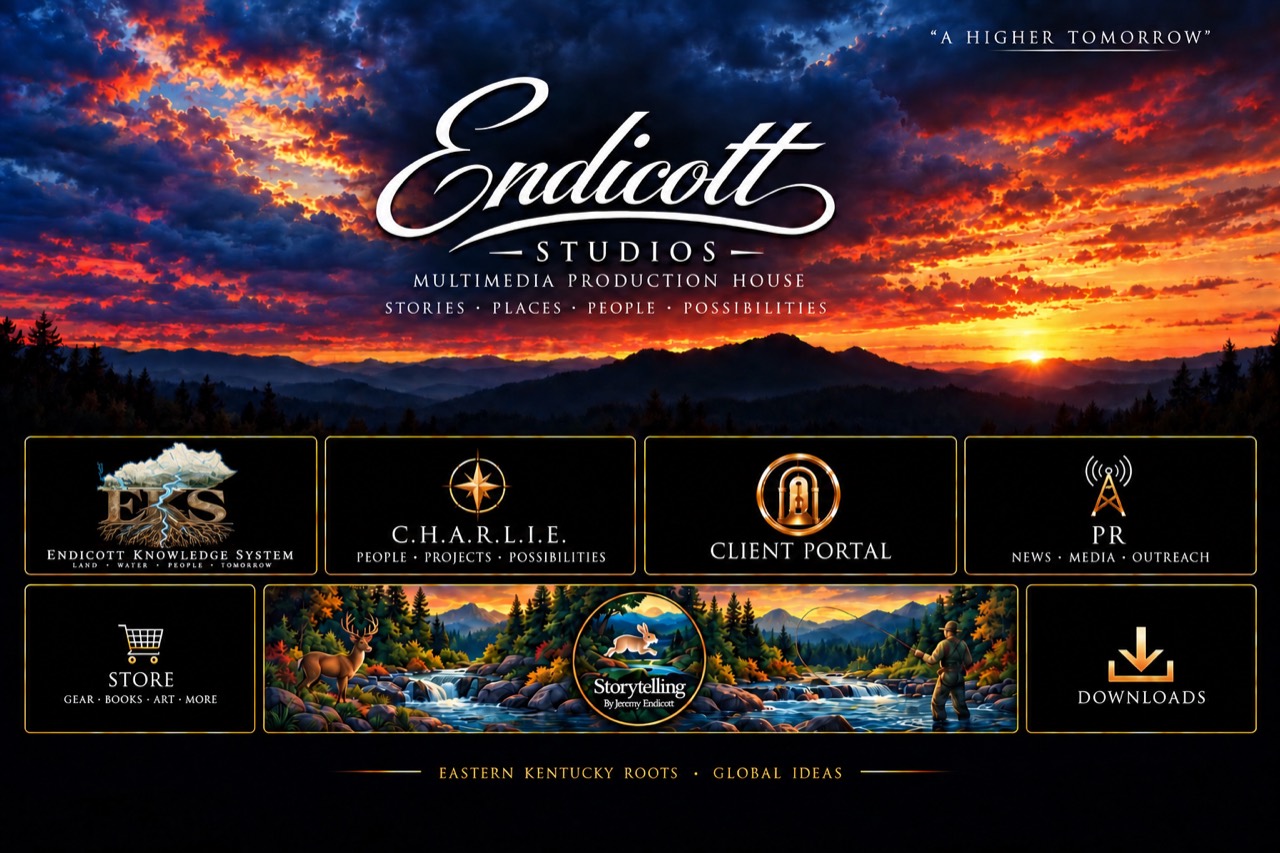 Endicott Studios home screen with EKS, C.H.A.R.L.I.E., client portal, PR, store, storytelling, and downloads