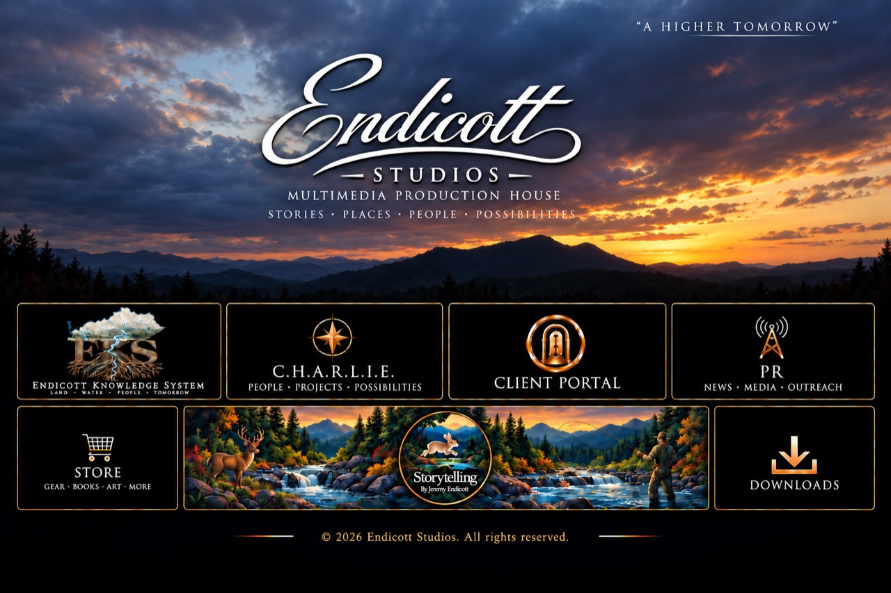Endicott Studios home screen with EKS, C.H.A.R.L.I.E., client portal, PR, store, storytelling, and downloads